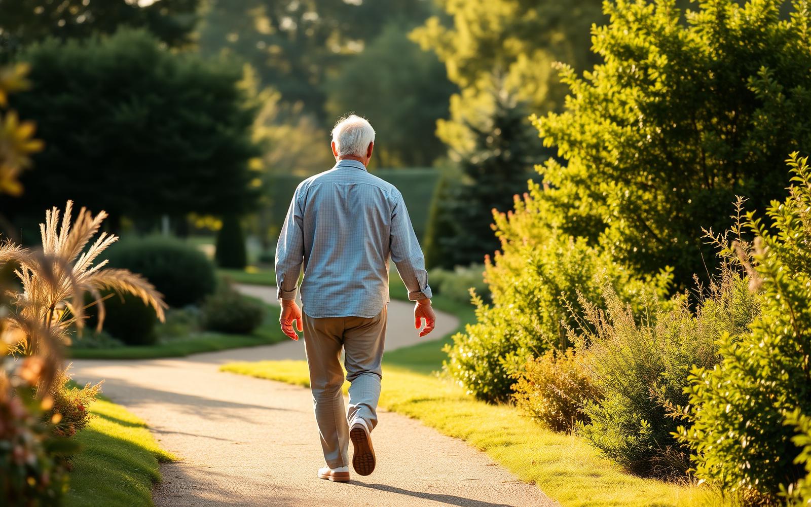 An adult walking through a peaceful green garden path in soft afternoon light.